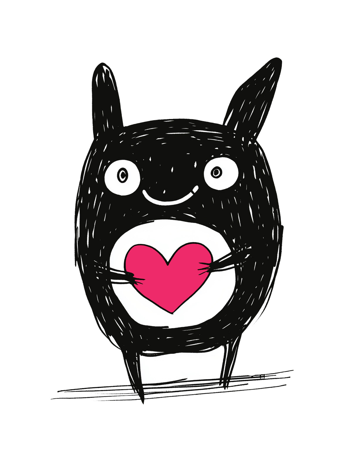 MEFREEK Seth Jennemann Jentlefriend rounded creature Bounce with long ears and joyful smile holding a pink heart close to its chest. Playful black-and-white sketch with vivid magenta centerpiece and expressive minimalist design.