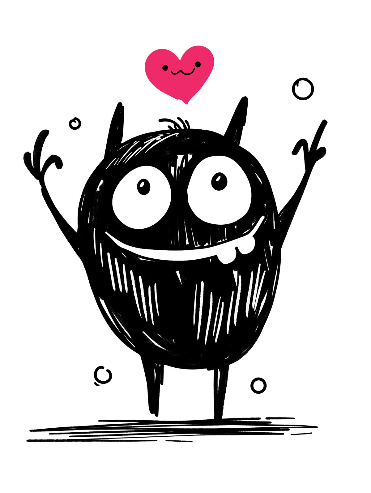 MEFREEK Seth Jennemann Jentlefriend round playful character Bubb with big eyes, open smile, and a floating pink heart overhead. Black ink sketch style with bold contrast and cheerful minimalist energy on clean white backdrop.