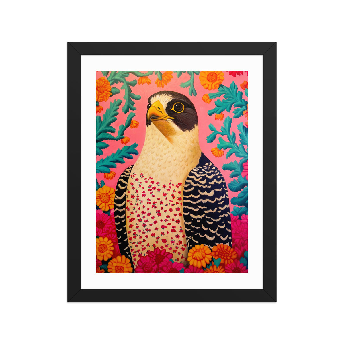 MEFREEK Seth Jennemann Open Edition Print “Claws For Concern” — a hyperreal pop-surrealist portrait of a peregrine falcon surrounded by bright orange, red, and teal flowers on a pink background, framed in black with a white mat border.