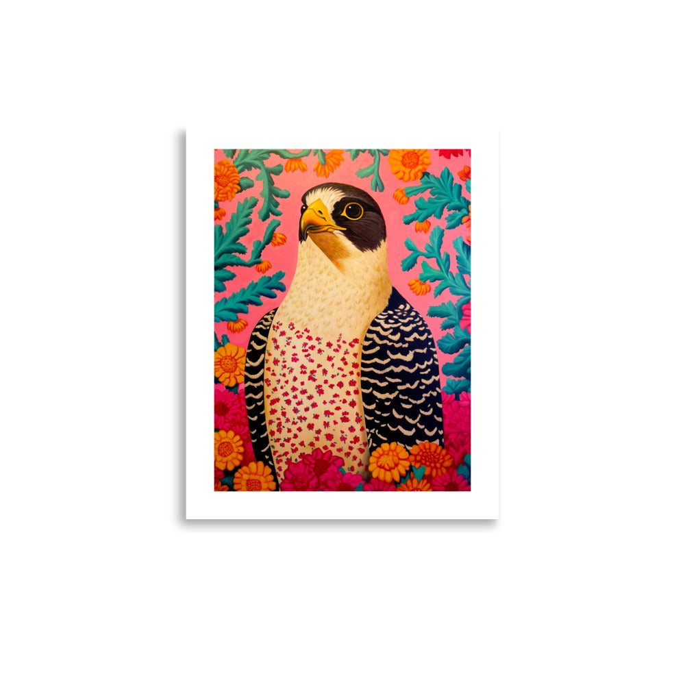 MEFREEK Seth Jennemann Open Edition Print “Claws For Concern” — detailed art print featuring a peregrine falcon against a vivid floral backdrop of orange, pink, and teal, presented unframed on bright white fine art paper.