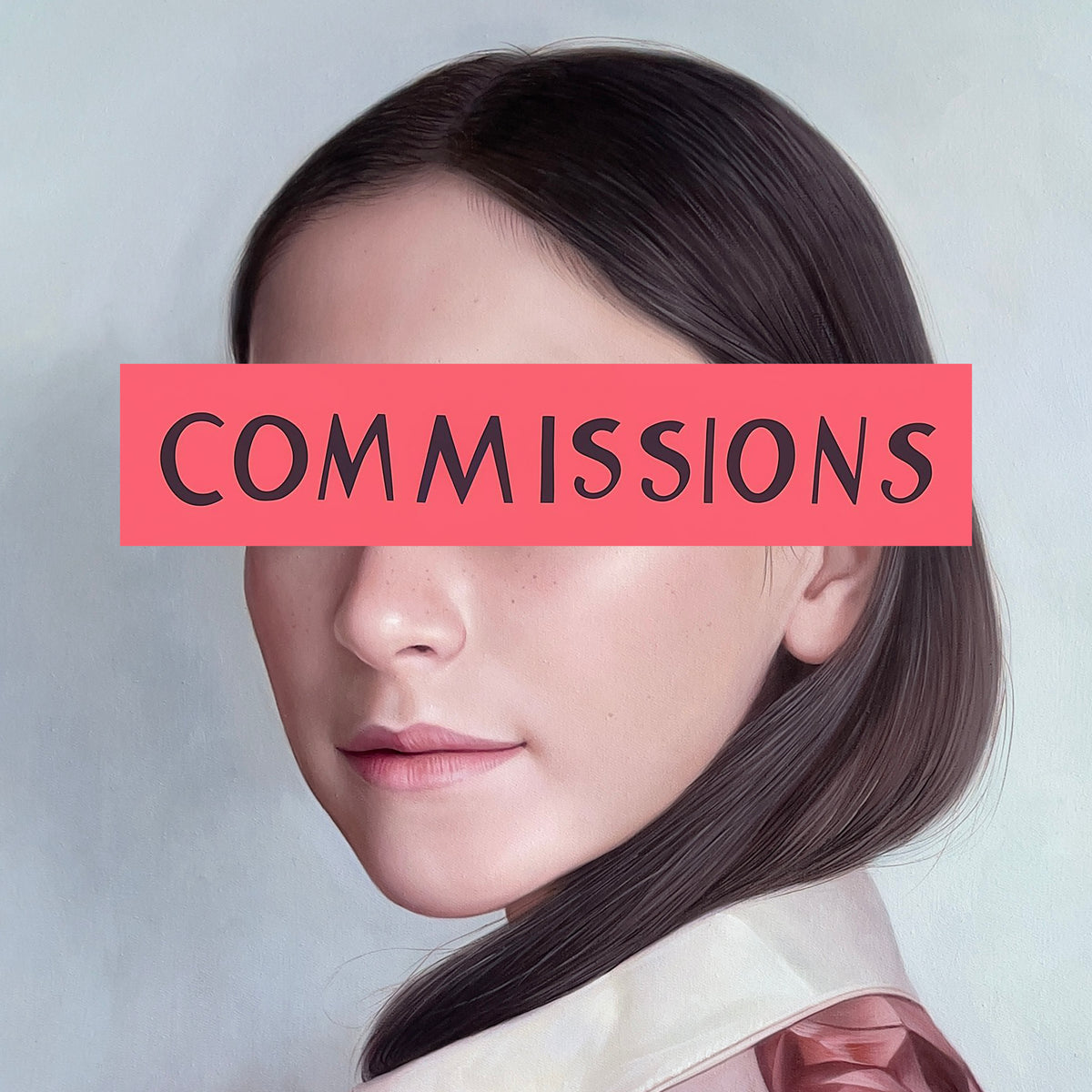 MEFREEK Woman with long brown hair and a pink rectangular overlay with 'COMMISSIONS' text on a light gray background