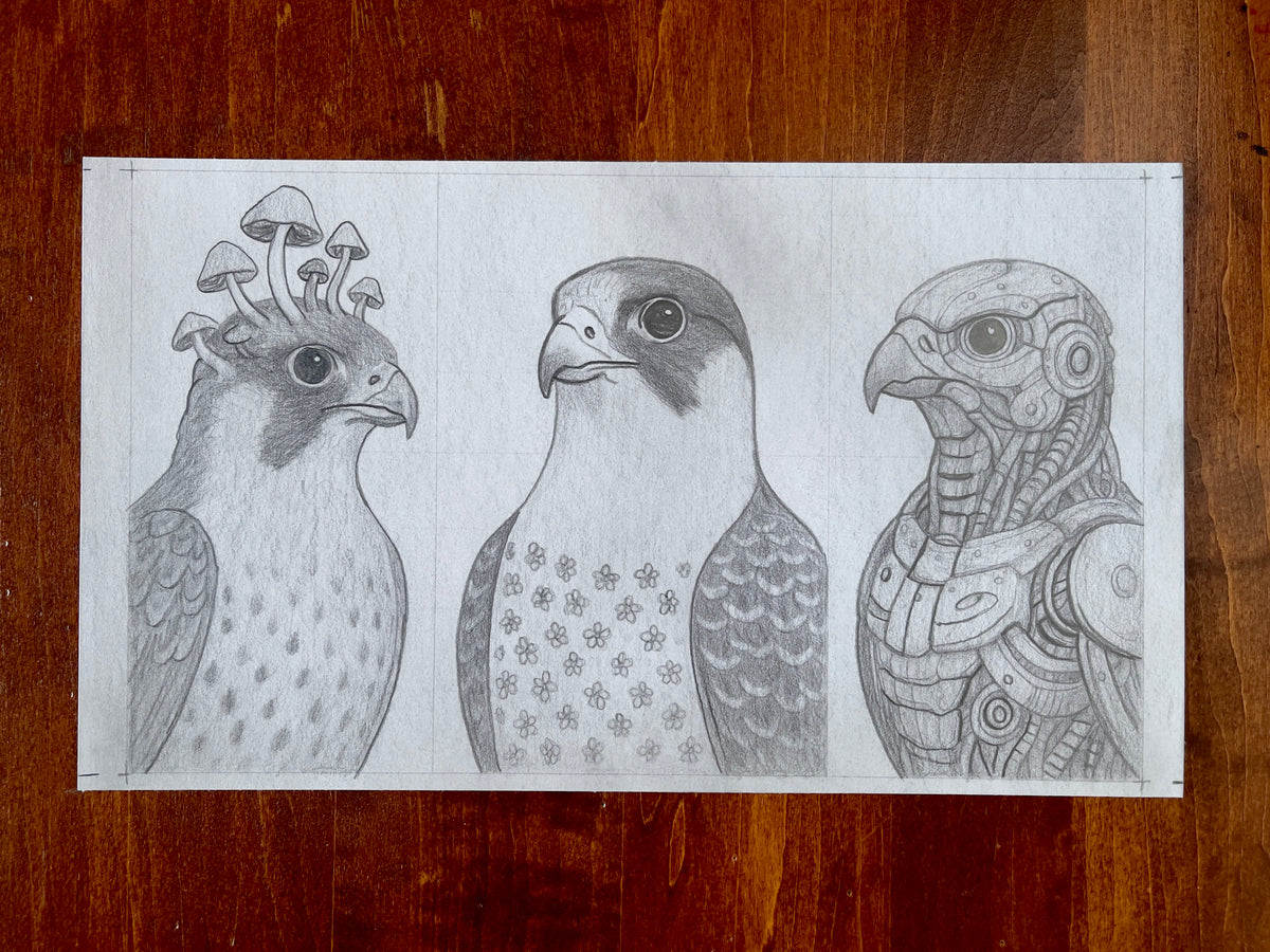 MEFREEK Seth Jennemann Claws For Concern croquis concept drawing showing multiple falcon variations including mushroom head version, floral chest version, and mechanical falcon design, preparatory sketch