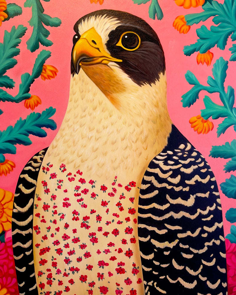 MEFREEK Seth Jennemann Claws For Concern close up hyperreal oil painting of a falcon head and floral patterned chest feathers on a pink background with decorative foliage, surreal animal portrait painting