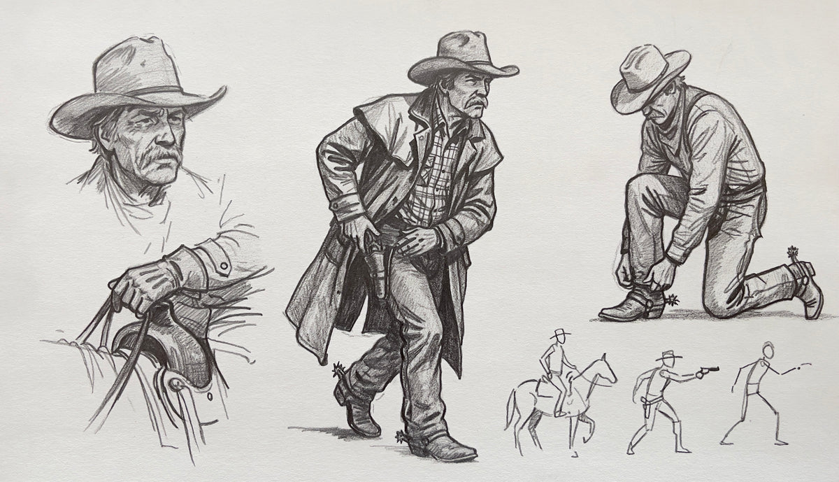 MEFREEK Seth Jennemann Western Character Pencil Study featuring multiple cowboy figures including a mounted rider a gunslinger drawing his weapon a kneeling figure adjusting gear and expressive portrait sketches capturing motion storytelling and stylized comic realism
