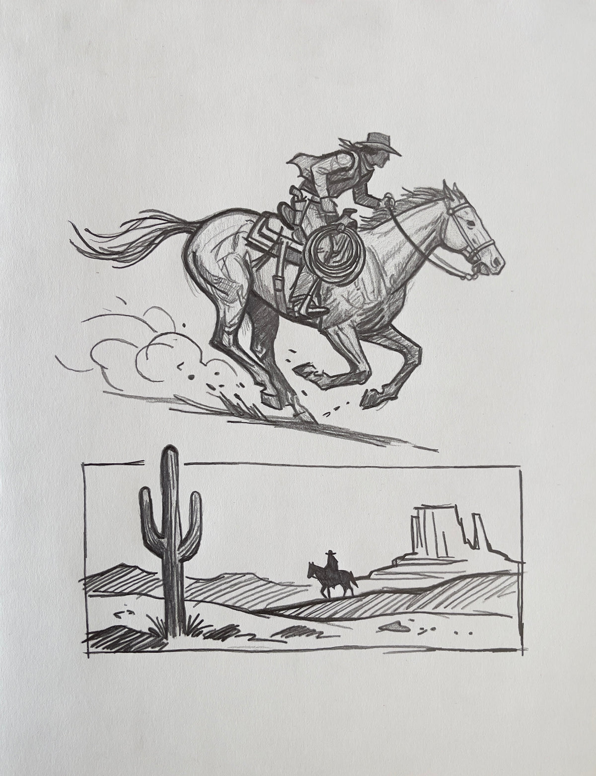 MEFREEK Seth Jennemann Pencil Sketch of a dynamic cowboy riding a galloping horse with dust motion lines paired with a minimal Western desert landscape featuring a cactus silhouette, distant mesas, and a lone rider on the horizon