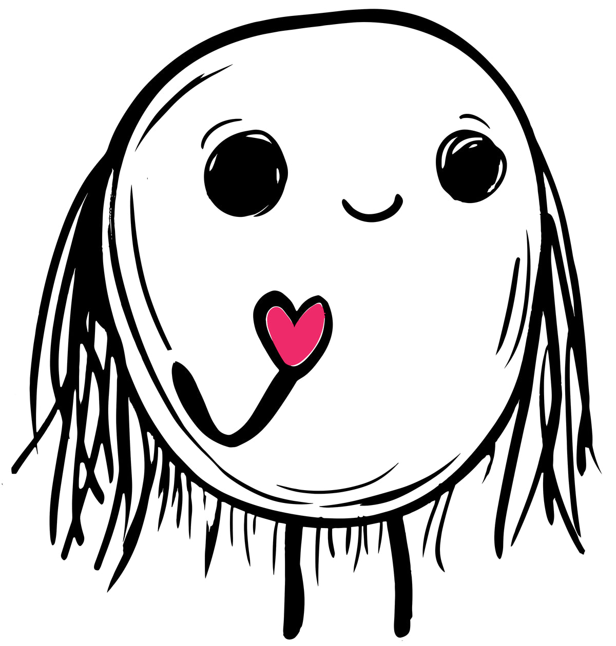 MEFREEK Seth Jennemann Jentlefriend whimsical round character Coyboy with long hair-like lines and a small pink heart in one hand. Playful black line illustration with minimalist surreal tone and magenta pop on white background.