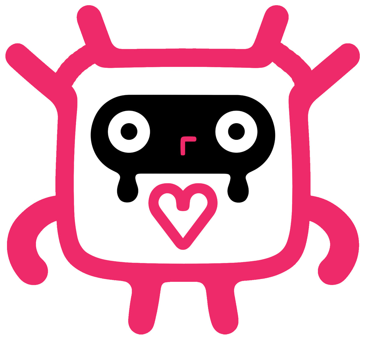 MEFREEK Seth Jennemann Jentlebot Cribit – rounded white robot with dripping black eye mask, pink branching antler arms, and heart emblem on chest, stylized cute-meets-creepy pop character.
