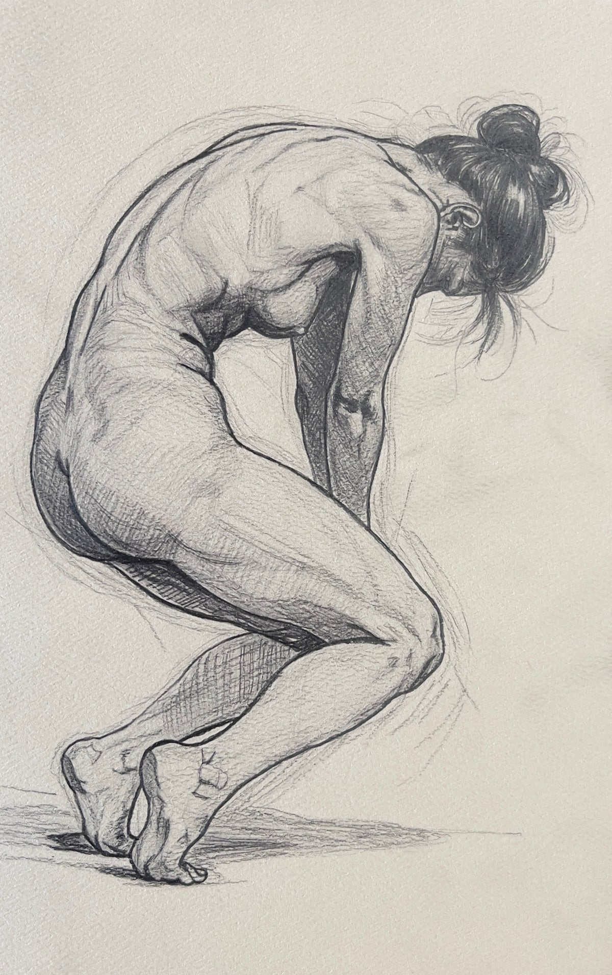 MEFREEK Seth Jennemann Detailed Graphite Drawing Study of a crouching nude female figure in a compressed pose with head lowered emphasizing anatomical structure tension and cross contour shading on textured paper