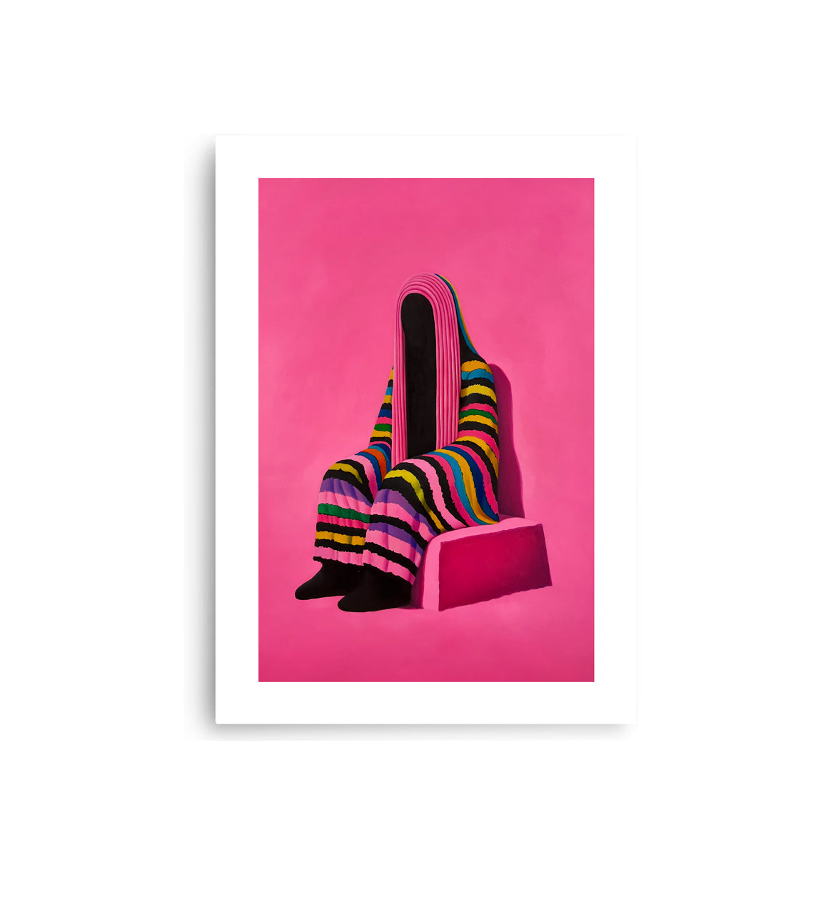 MEFREEK Seth Jennemann Open Edition Print Decoration Draped Over Vulnerability unframed art print showing a seated humanoid figure covered entirely in striped textile patterns, minimalist surreal oil painting with bold pink tones and emotional contrast.