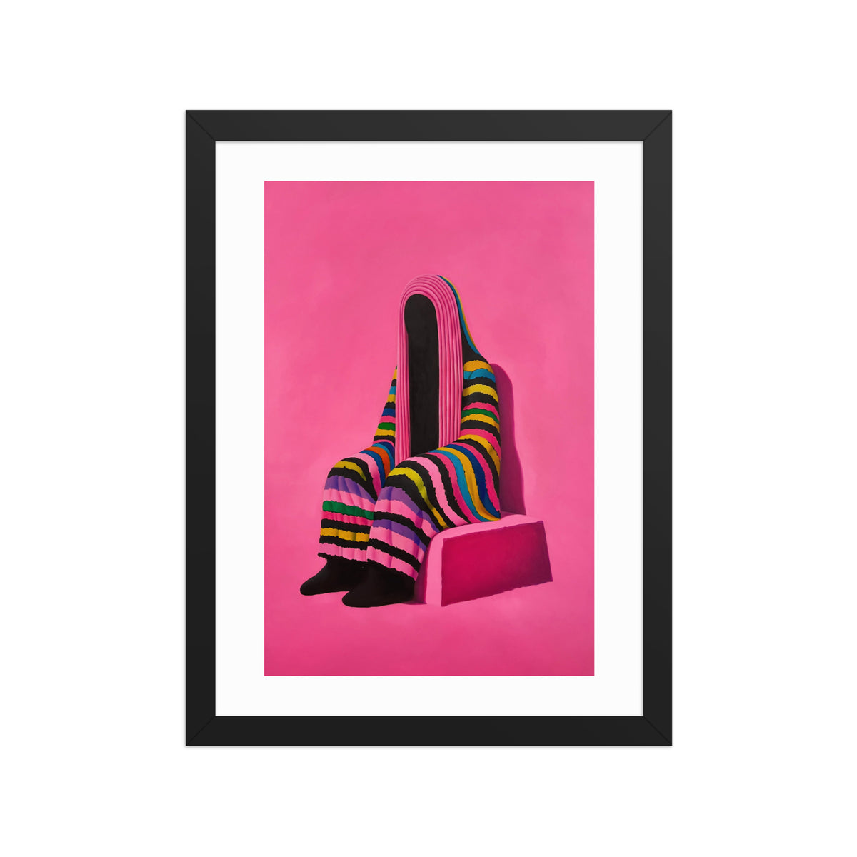 MEFREEK Seth Jennemann Open Edition Print Decoration Draped Over Vulnerability framed wall art featuring a faceless seated figure wrapped in bright striped fabric against a vivid pink background, surreal hyperreal oil painting exploring concealment and identity.