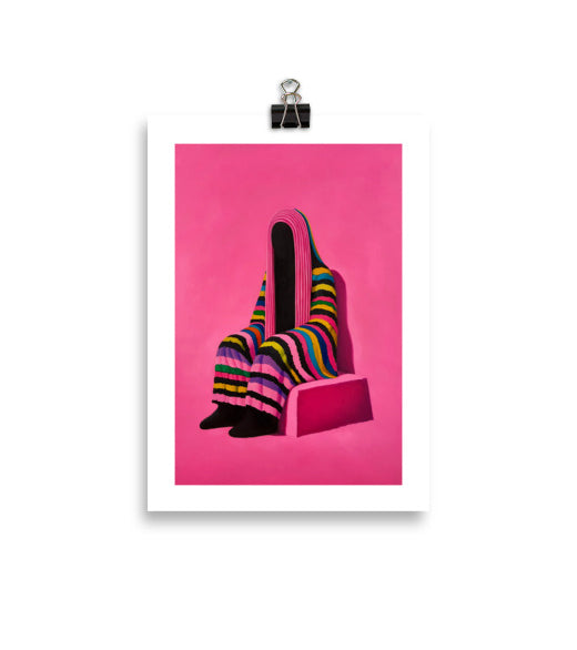 MEFREEK Seth Jennemann Open Edition Print Decoration Draped Over Vulnerability fine art print of a surreal faceless figure seated and covered in multicolored striped fabric on a pink backdrop, contemporary oil painting symbolizing fragility and disguise.