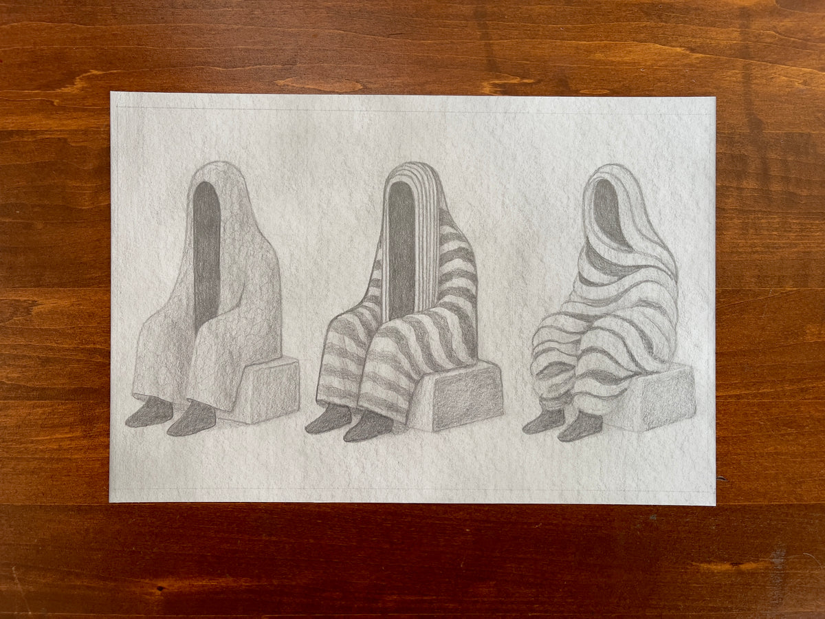 Seth Jennemann MEFREEK — Decoration Draped Over Vulnerability, graphite pencil illustration in conceptual surrealist sketch style. Three faceless figures are seated on blocks, each cloaked in differently textured and striped fabrics that conceal their forms, exploring anonymity and emotional weight through shading and drapery.