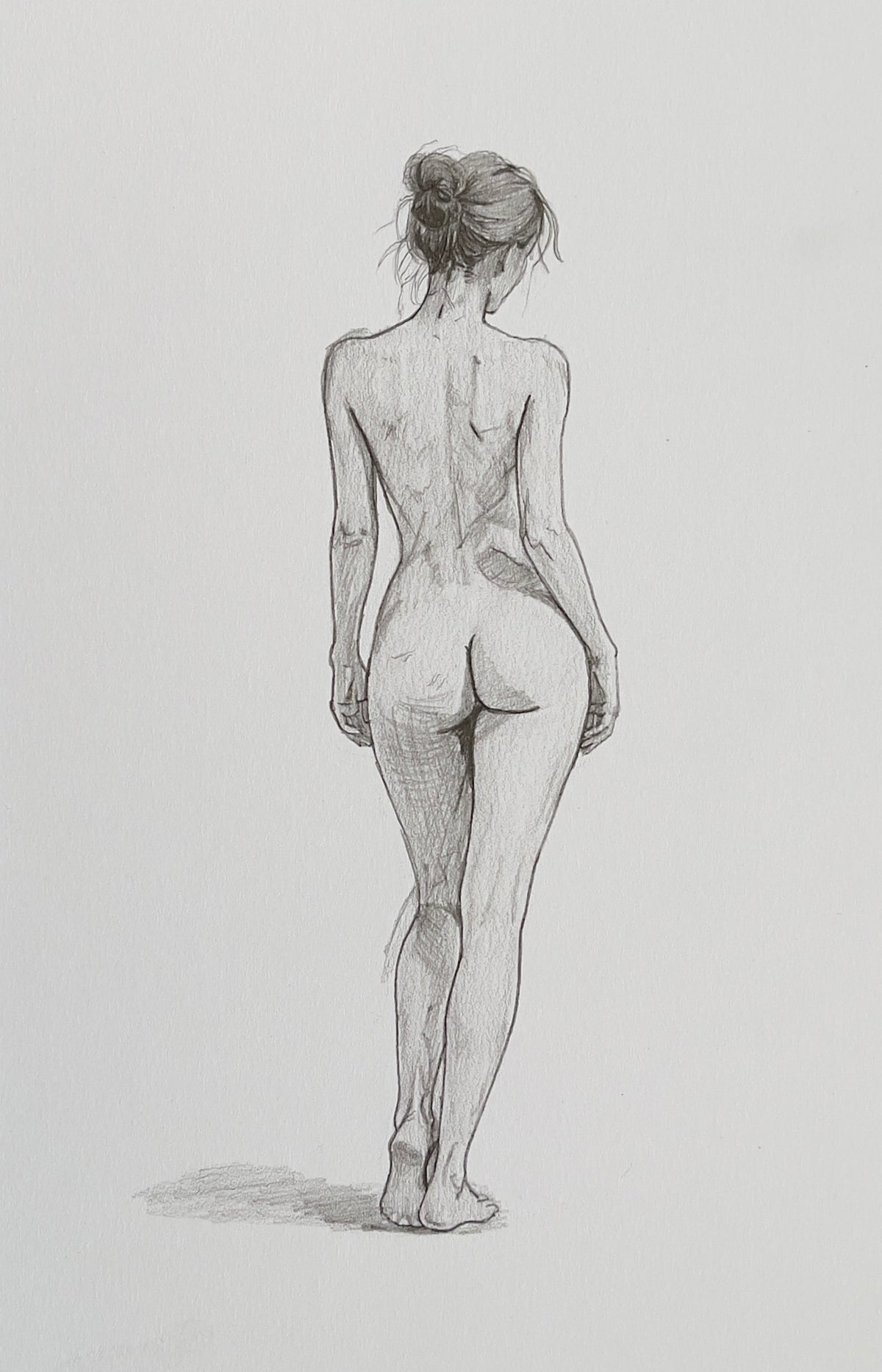 MEFREEK Seth Jennemann Graphite Pencil Drawing nude female figure viewed from behind walking away with subtle shading soft anatomical detail and natural posture on textured paper