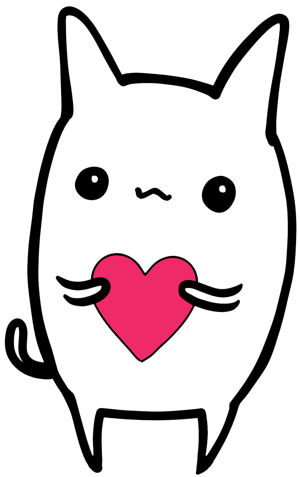 MEFREEK Seth Jennemann Jentlefriend cute cat-like character Dot with perky ears and tiny tail holding a pink heart. Clean cartoon minimalism in black line style with expressive simplicity and bold magenta focus.