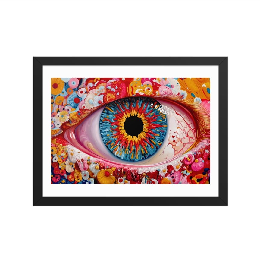 MEFREEK Seth Jennemann Open Edition Print Everything’s Fine If You Name It Something Else framed wall art featuring a surreal hyperreal abstract organic form resembling an eye or floral bloom in pink and teal hues, contemporary pop surrealist oil painting satirizing wellness culture and false healing.