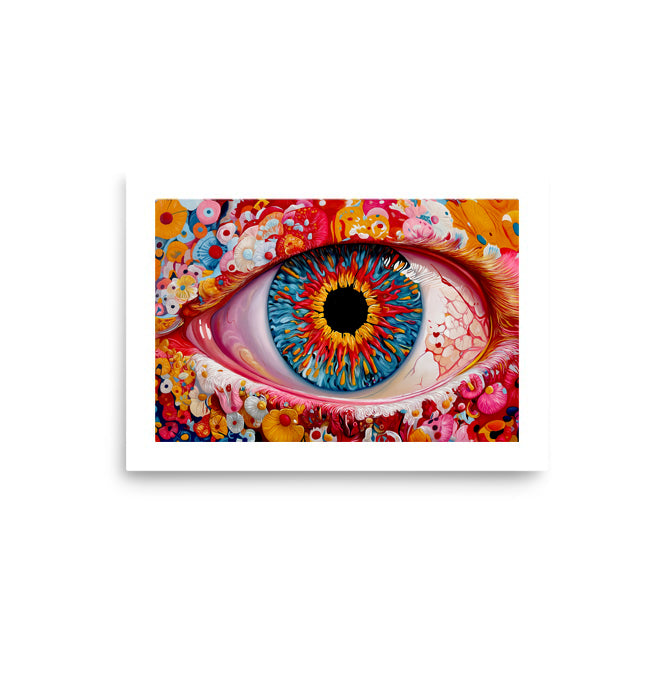 MEFREEK Seth Jennemann Open Edition Print Everything’s Fine If You Name It Something Else unframed art print featuring a biomorphic floral-eyeball hybrid in vibrant pink tones on a smooth teal backdrop, surreal pop contemporary oil painting examining identity, wellness, and irony.