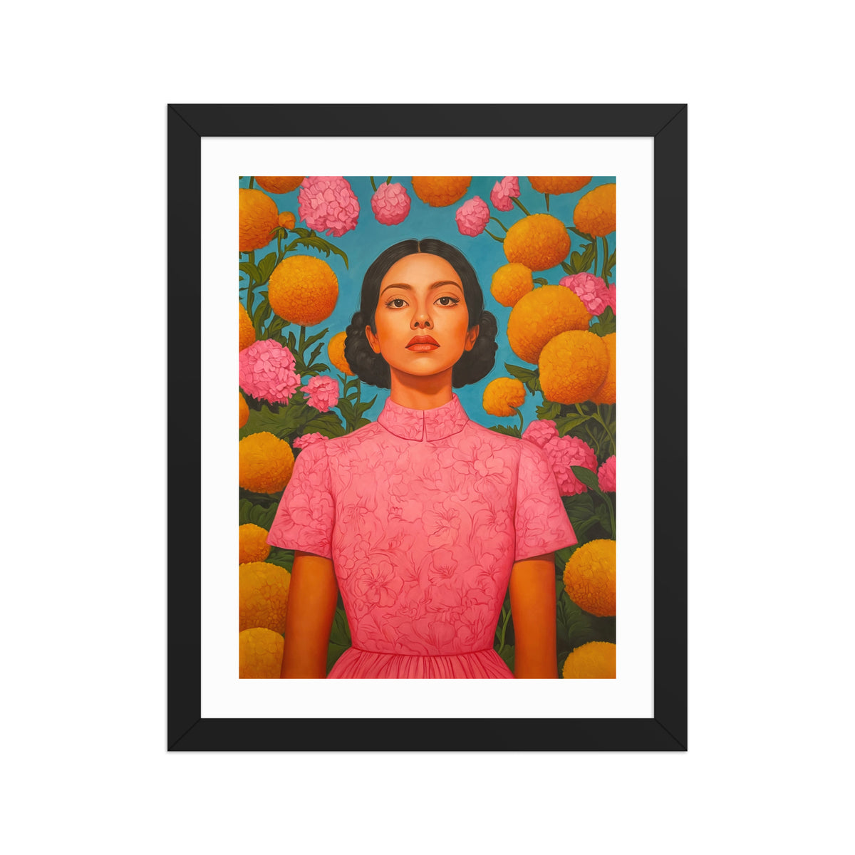MEFREEK Seth Jennemann Open Edition Print “How To Leave Without Leaving” — a hyperreal portrait of a woman in a vivid pink dress standing against a backdrop of orange and pink marigolds on a turquoise-blue sky, framed in black with a white mat border.