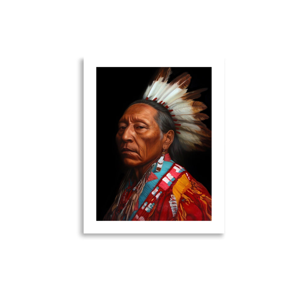 MEFREEK Seth Jennemann Open Edition Print portrait of a Native American Indian elder wearing a traditional feathered headdress and beaded garment, hyper realistic oil painting style with dramatic lighting, rich skin tones and deep black background creating a powerful and dignified presence