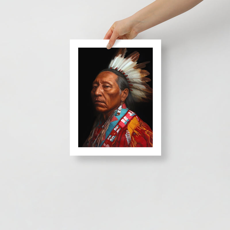 MEFREEK Seth Jennemann Open Edition Print hyper realistic portrait of a Native American elder in a feathered headdress and detailed beadwork clothing, shown as a physical fine art print held by a hand against a clean minimal background
