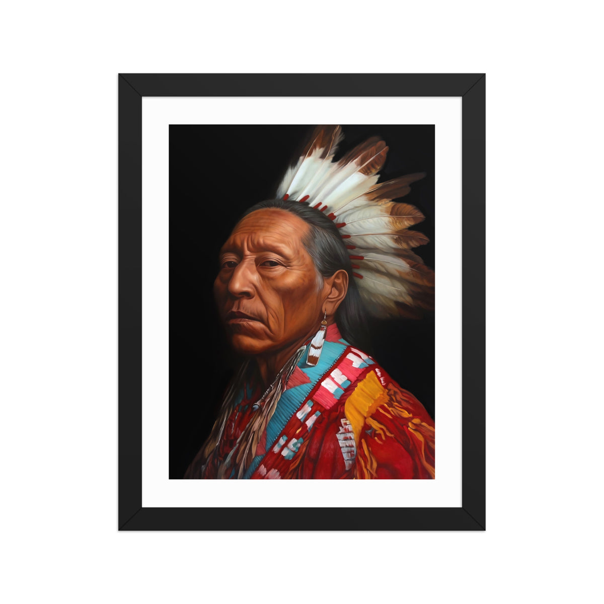MEFREEK Seth Jennemann Open Edition Framed Print, hyperreal portrait of an Indigenous native man wearing a feathered headdress and beaded regalia, detailed skin texture and solemn expression illuminated against a deep black background, rich color and dramatic lighting in a contemporary fine art style