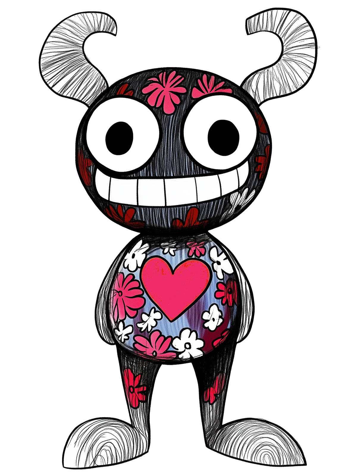 MEFREEK Seth Jennemann Effi – black cartoon character with large eyes, curled horns, and floral patterns across its body, featuring a bright pink heart on the chest, hand-drawn surreal pop-art design with expressive texture and contrast.
