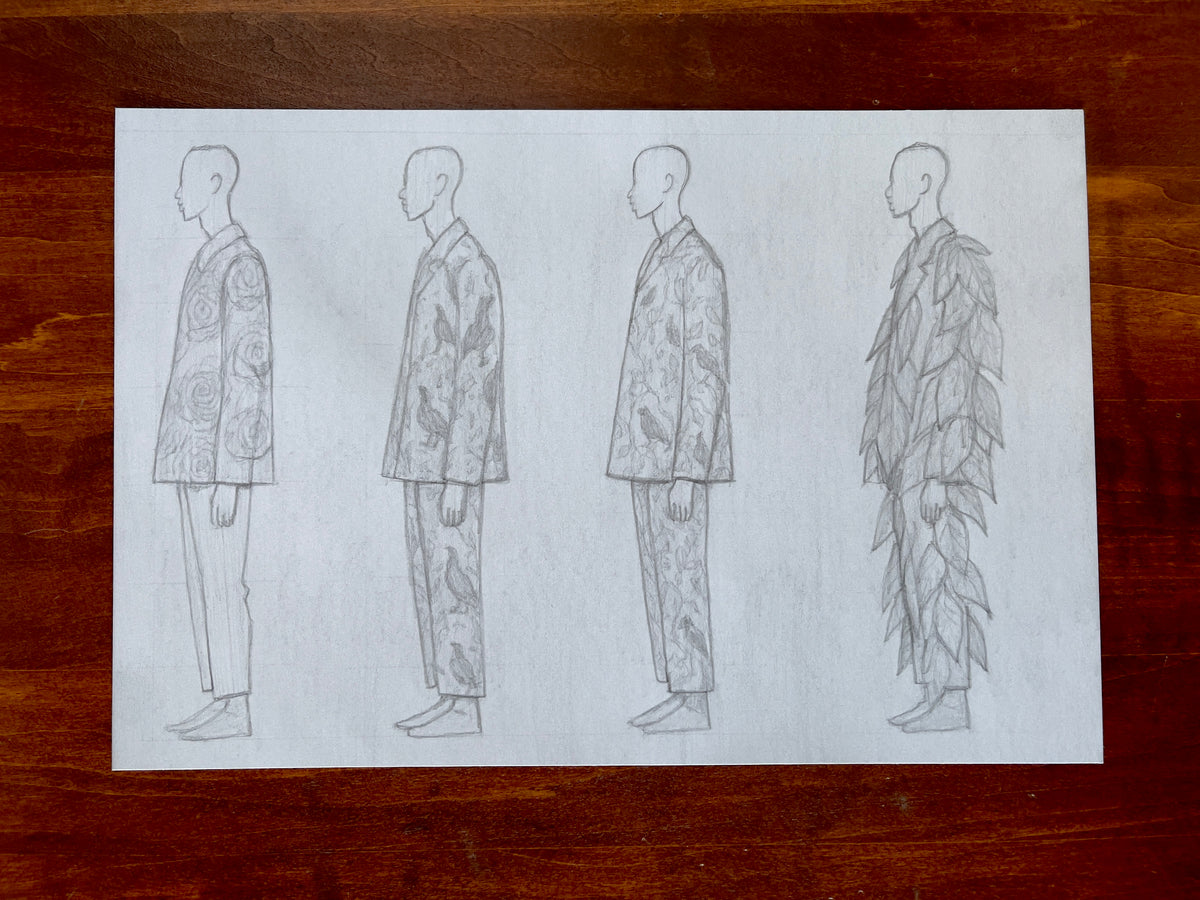 Seth Jennemann MEFREEK Every Door Looks Like A Trap – pencil drawing in contemporary fashion illustration style featuring four side-profile croquis figures in evolving patterned suits, transitioning from floral and avian prints to a full leaf-textured ensemble, symbolizing metamorphosis and organic design evolution.
