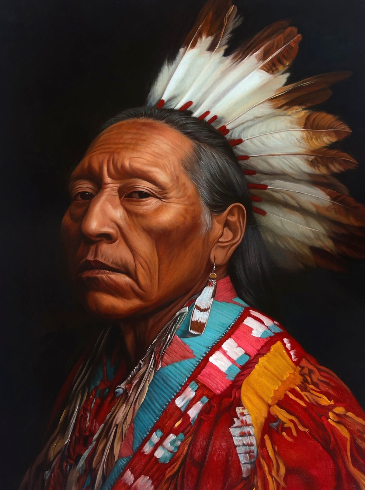 Seth Jennemann MEFREEK Everyone’s To Blame So Nobody’s Responsible. oil painting, hyperreal, contemporary portrait. full feather crown, traditional beadwork, red garment with fringe, sharp gaze. native american indian. cherokee navajo oklahoma