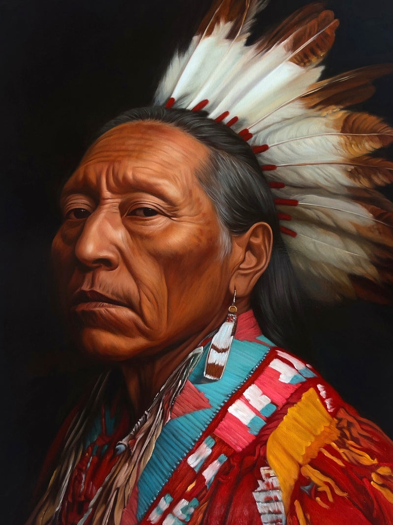 Seth Jennemann MEFREEK Everyone’s To Blame So Nobody’s Responsible. oil painting, hyperreal, contemporary portrait. detailed wrinkles, feather earring, turquoise and crimson beadwork, intense eye contact. native american. southwest 