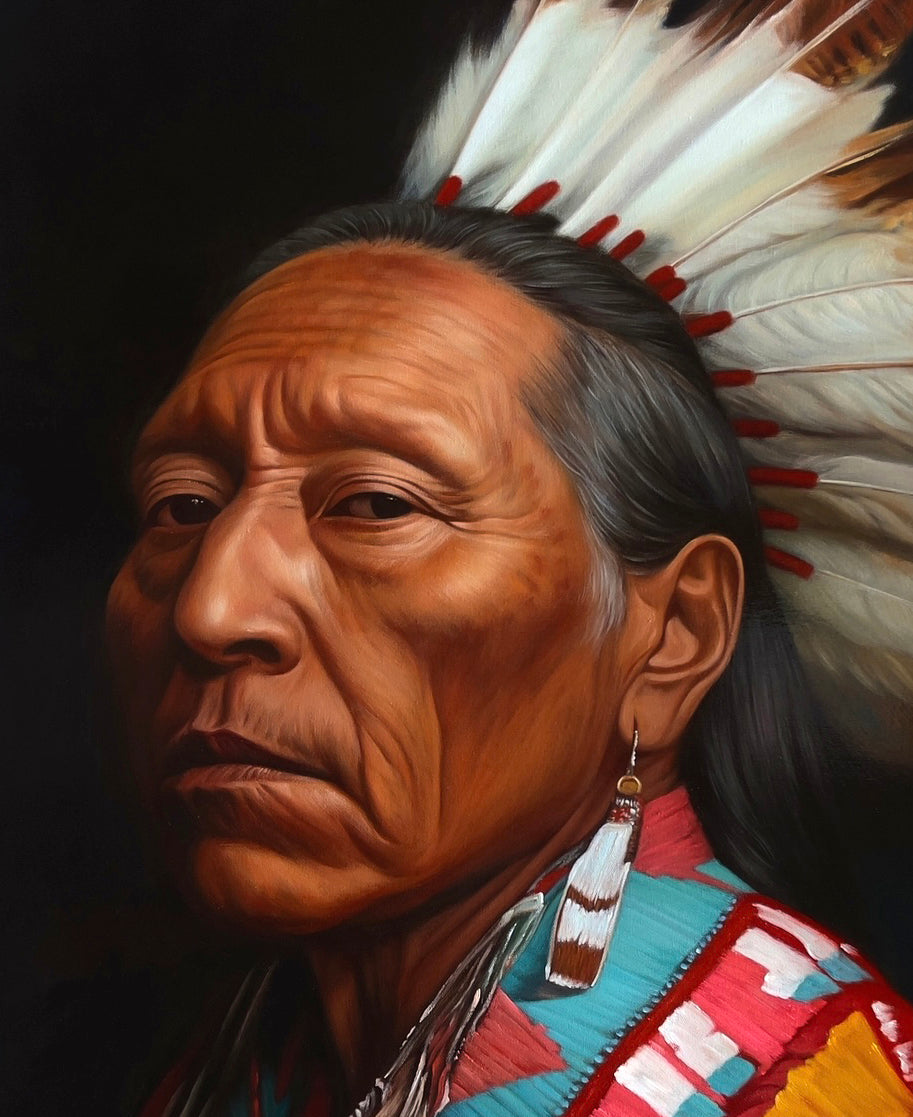 Seth Jennemann MEFREEK Everyone’s To Blame So Nobody’s Responsible. oil painting, hyperreal, native american. santa fe. contemporary portrait. feathered headdress, red and turquoise regalia, stoic expression, deep shadow.