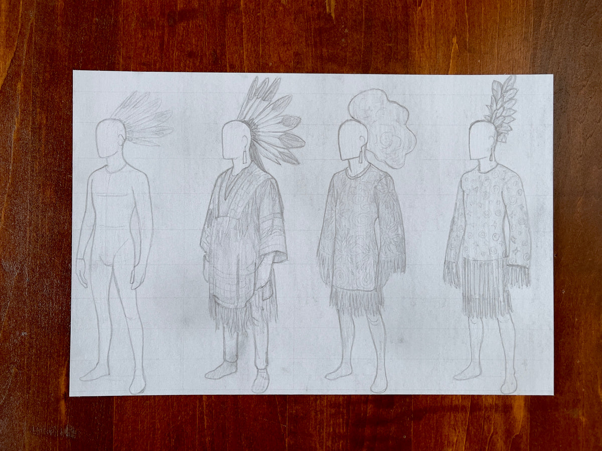 Seth Jennemann MEFREEK Everyone’s To Blame So Nobody’s Responsible – graphite croquis drawing in a conceptual fashion illustration style showing four faceless figures with stylized feathered headdresses, patterned robes, and fringe textiles arranged in sequence on white paper.
