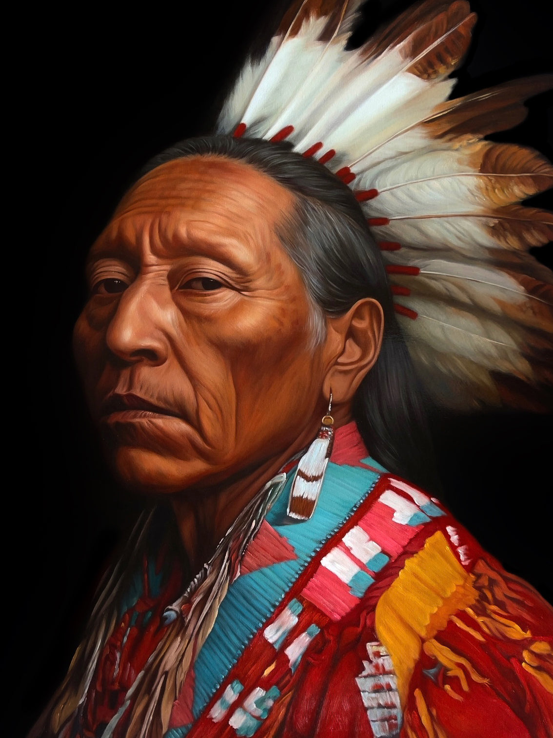 MEFREEK Seth Jennemann Original Oil Painting hyperrealistic cropped portrait focusing on the upper face of a Native American man with pronounced wrinkles and intense gaze wearing a feathered headdress with fine detail in each feather and soft transitions of light across the skin set against a dark black background highlighting contrast and painterly precision