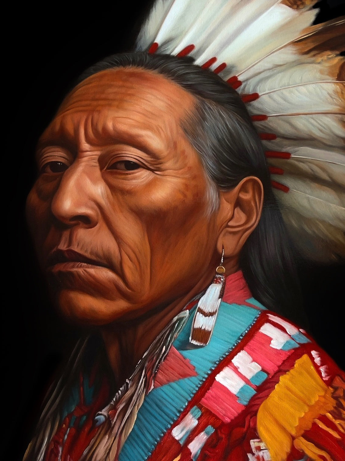 MEFREEK Seth Jennemann Original Oil Painting hyperrealistic three-quarter portrait of a Native American man in traditional regalia featuring a feathered headdress and intricately painted garments with rich reds yellows and turquoise tones detailed beadwork and fringe elements set against a deep black background with strong directional lighting enhancing texture depth and realism