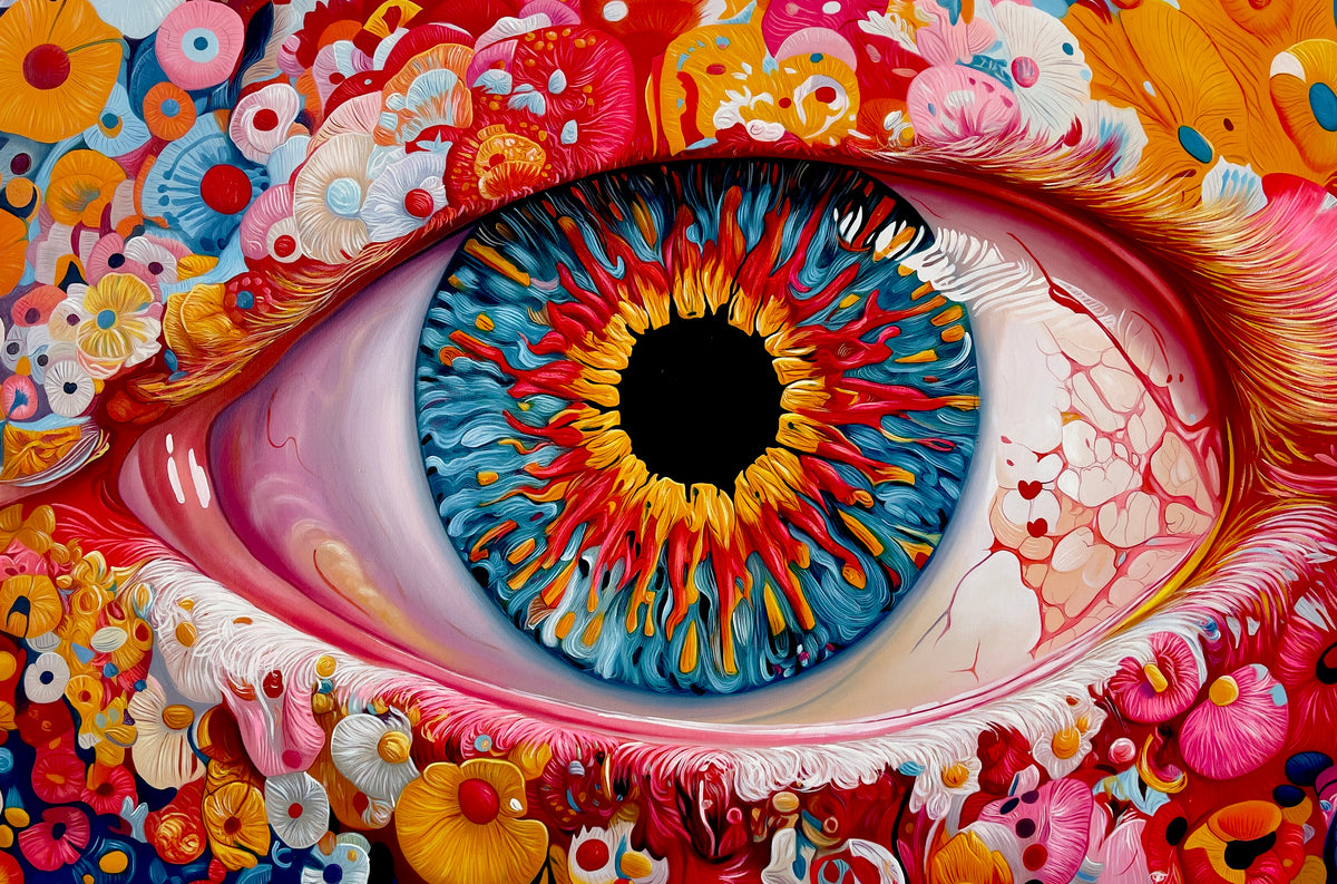 MEFREEK Seth Jennemann Everything’s Fine If You Name It Something Else hyperreal surreal oil painting of a human eye with explosive multicolor iris in red yellow and blue surrounded by intricate organic floral textures and glossy sculptural forms, vivid contemporary surrealism, alex grey style