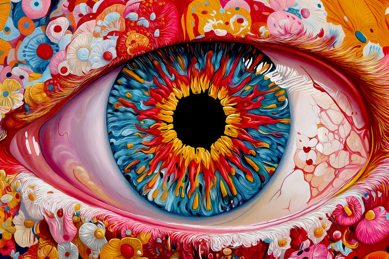 MEFREEK Seth Jennemann Everything’s Fine If You Name It Something Else hyperrealism oil painting of a vibrant abstract iris with radiating red yellow and blue textures and thick painterly forms embedded in an organic eye structure, surreal contemporary visionary painting.