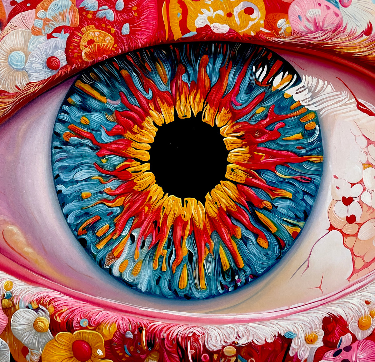 MEFREEK Seth Jennemann Everything’s Fine If You Name It Something Else close up hyperreal oil painting of a vibrant abstract iris with radiating red yellow and blue textures and thick painterly forms embedded in an organic eye structure, surreal contemporary painting