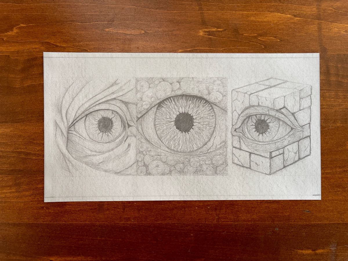 Seth Jennemann MEFREEK — Everything's Fine If You Name It Something Else, graphite pencil illustration in conceptual surrealist sketch style. Three studies of eyes transform from organic folds to geometric and textural abstractions, exploring perception, distortion, and the evolution of seeing through form.