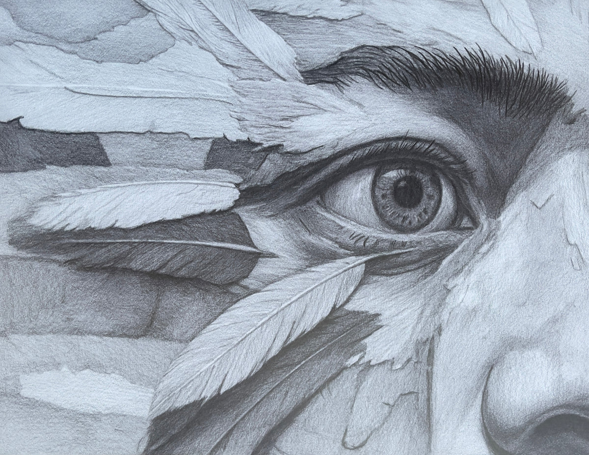 MEFREEK Seth Jennemann Graphite Pencil Drawing of a close-up human eye partially obscured by layered feathers, rendered in fine grayscale with delicate linework, soft shading, and intricate textures that merge organic forms with surreal visual abstraction