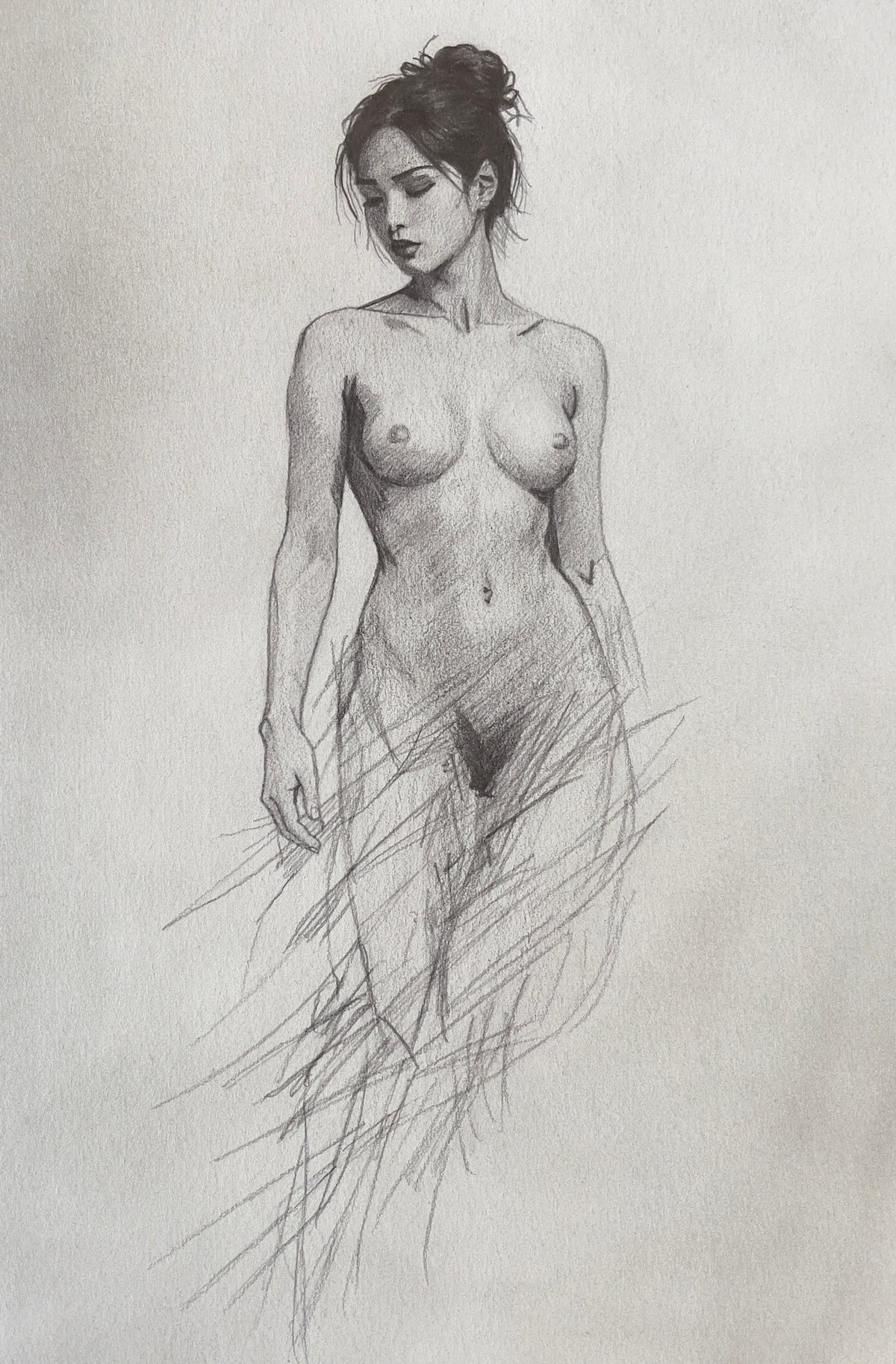 MEFREEK Seth Jennemann Soft Graphite Figure Drawing of a nude asian woman with delicate rendering and dissolving sketch lines fading into abstraction emphasizing form movement and atmospheric texture on paper