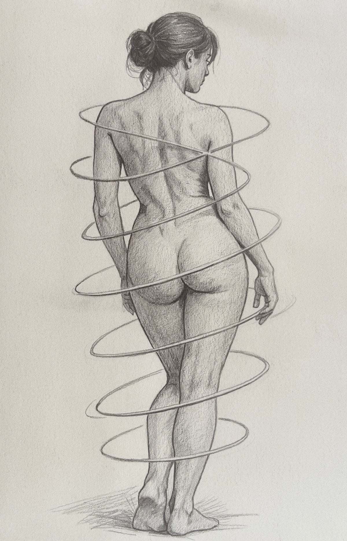 MEFREEK Seth Jennemann Graphite Pencil Drawing of a rear-view nude female figure walking away, wrapped in spiraling linear forms that encircle the body, combining anatomical realism with conceptual motion, soft shading, and refined graphite detail