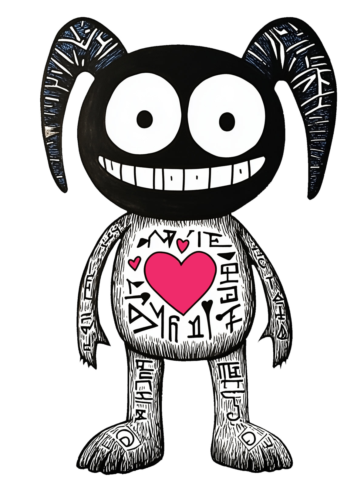 MEFREEK Seth Jennemann Firo – black and white MEFREEK character with curled horns and tribal markings covering its body, featuring a large pink heart emblem, bold graphic pop-surreal illustration with intricate linear detail.
