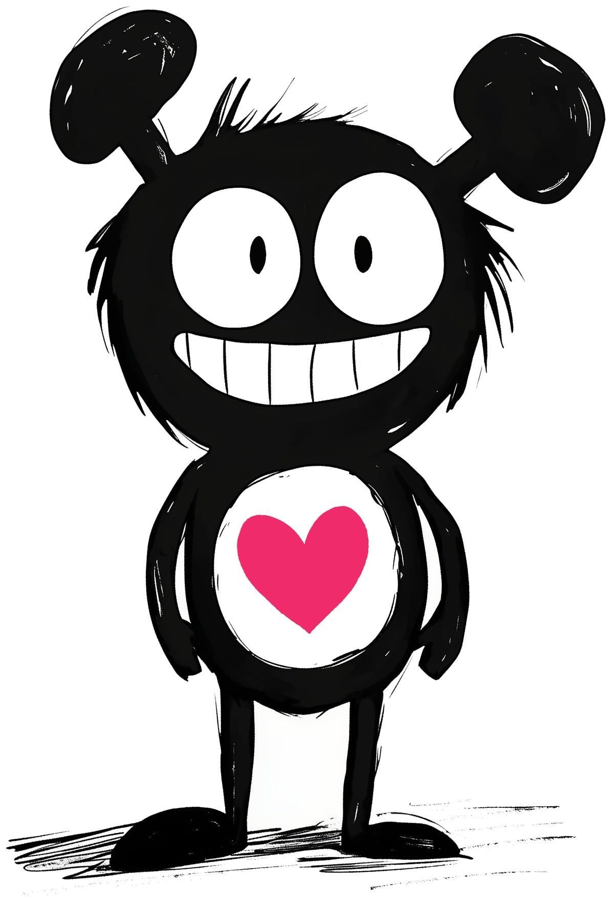 MEFREEK Seth Jennemann Fizz – black fuzzy MEFREEK character with big eyes, rounded ears, and bright pink heart emblem, minimalist surreal pop-art design with bold contrast and sketch-style charm.
