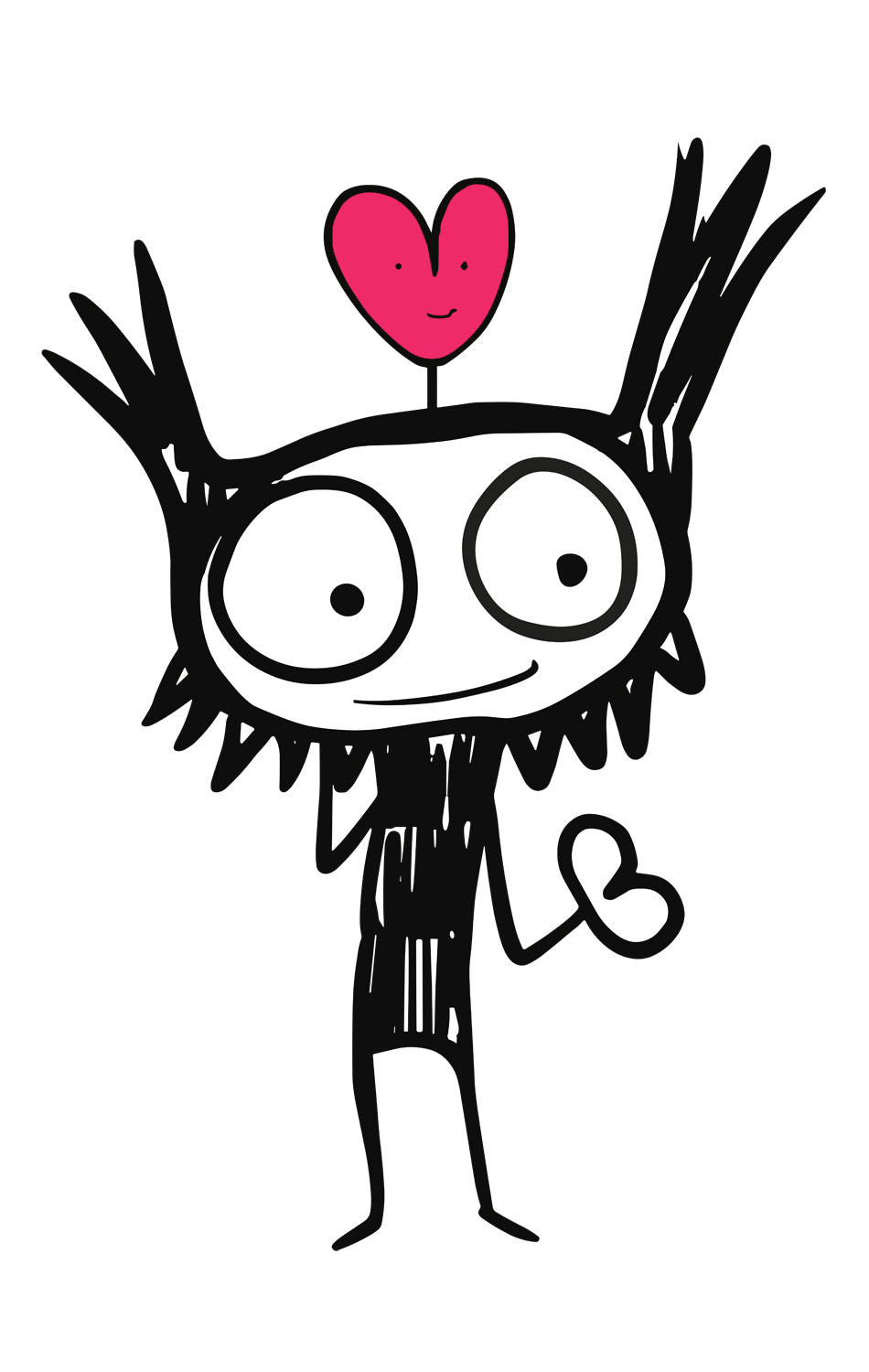 MEFREEK Seth Jennemann Jentlefriend quirky stick-figure creature Flick with spiky ears, wide eyes, and a pink heart above its head. Expressive hand-drawn black lines with whimsical surreal charm and bold pop of magenta on a white background.