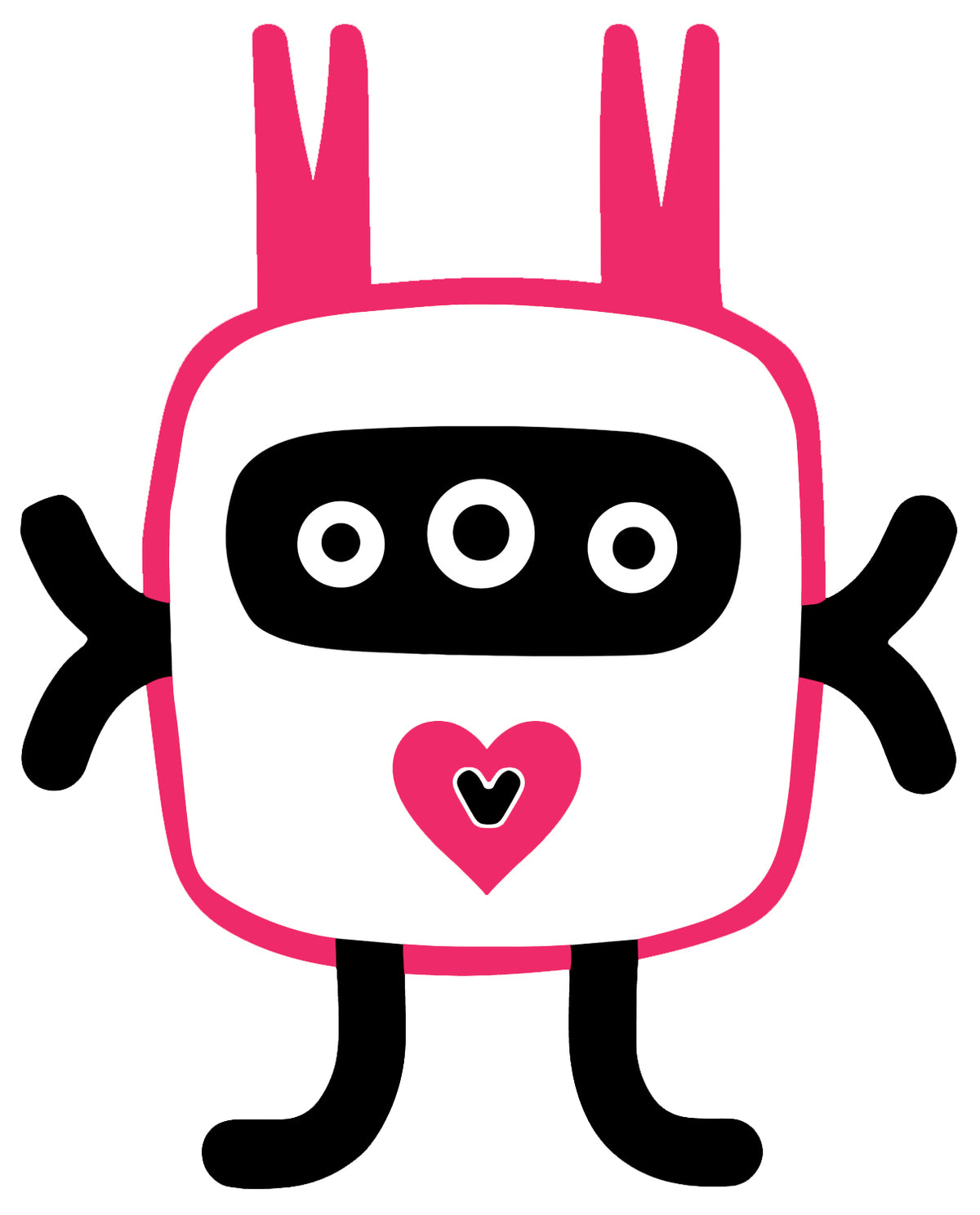 MEFREEK Seth Jennemann Jentlebot Flimb – three-eyed robot with white square body, pink antennae, black limbs, and pink heart on chest, bold pop-surreal vector cartoon style.
