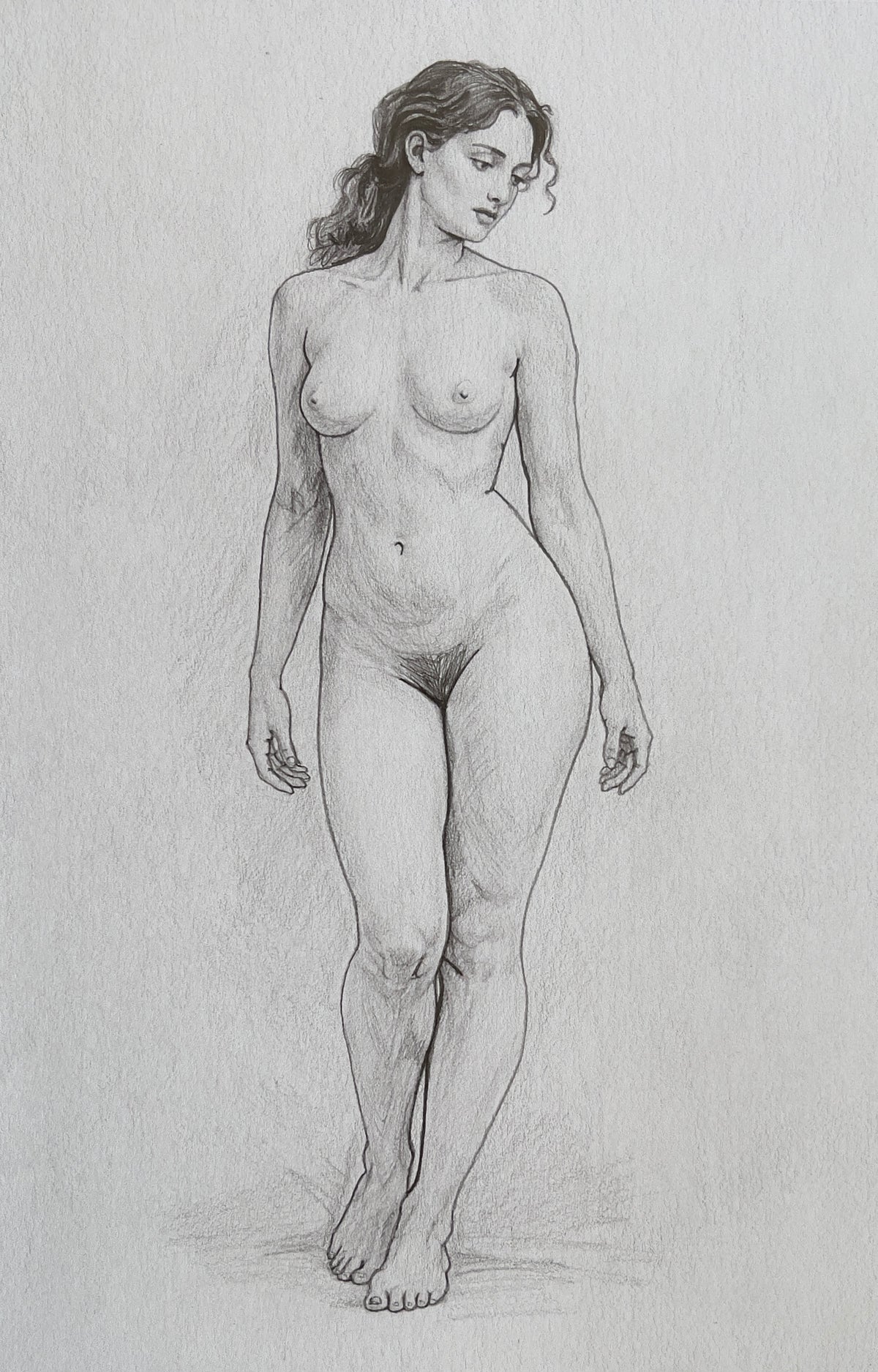 MEFREEK Seth Jennemann Graphite Figure Study of a standing nude woman focusing on balanced proportions subtle musculature and soft shading with a calm downward gaze on textured paper