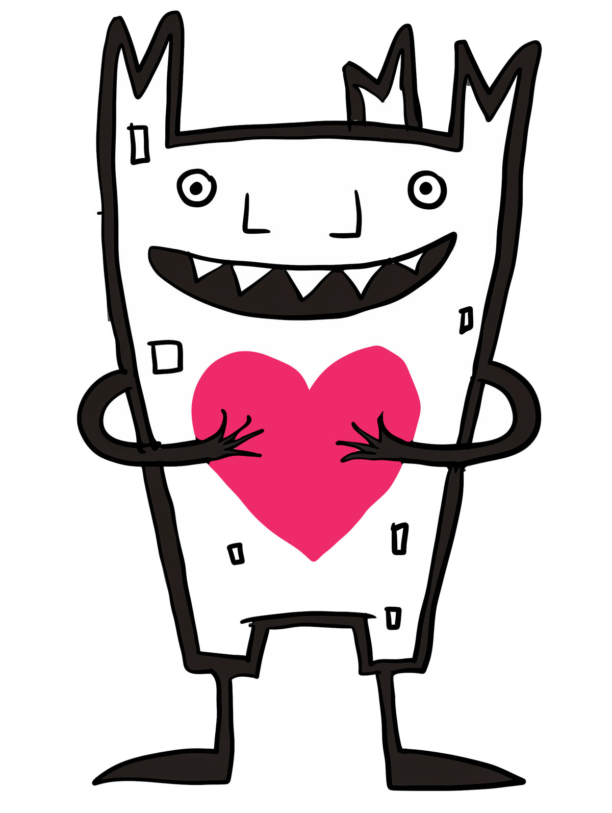 MEFREEK Seth Jennemann Jentlefriend tall rectangular character Fumble with sharp teeth, small horns, and a pink heart in its hands. Bold graphic sketch with playful monster energy, black and white ink style, and vivid magenta accent.