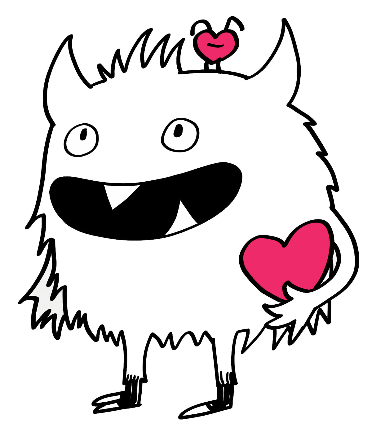 MEFREEK Seth Jennemann Jentlefriend character Fuzzle, a fluffy white creature with horns holding a pink heart and a smaller heart perched above its head. Playful sketch-style art with expressive minimalism and vivid magenta highlights.
