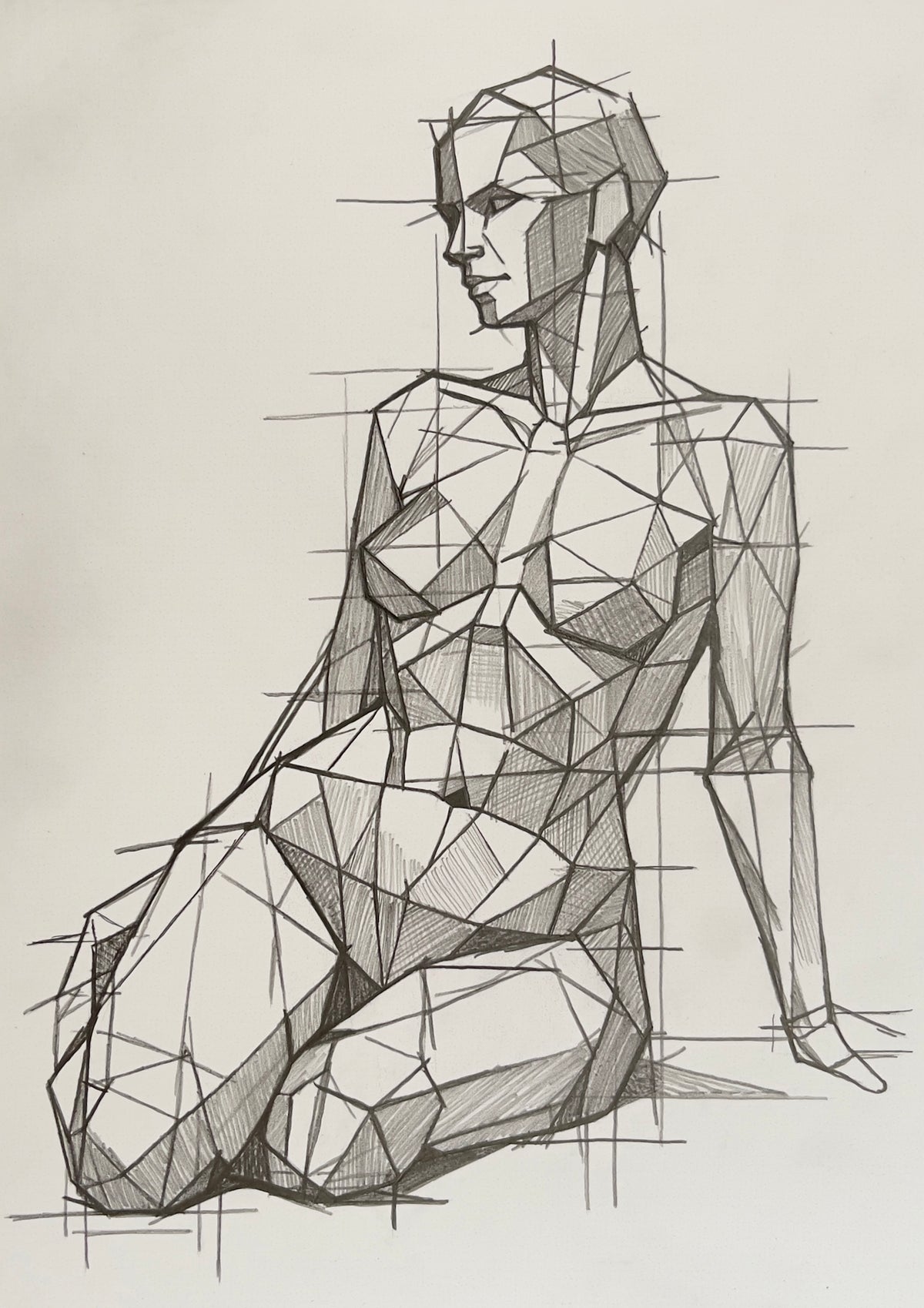 MEFREEK Seth Jennemann Graphite Pencil Drawing of a seated female figure constructed with angular geometric planes and intersecting guide lines, blending anatomical structure with abstract form, showcasing faceted shading and architectural line work