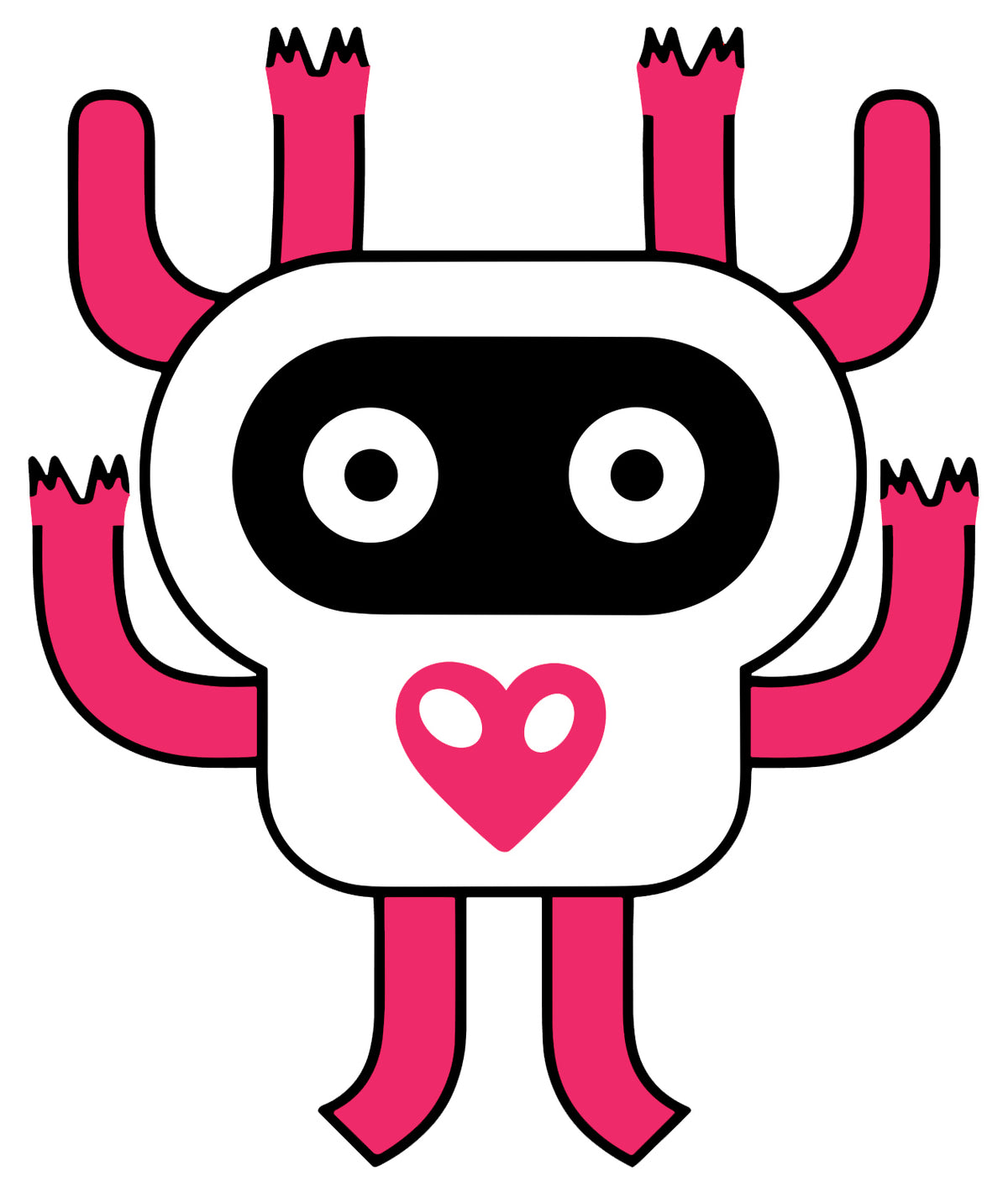 MEFREEK Seth Jennemann Jentlebot Glixor – symmetrical robot with multiple pink arms and legs extending from a white oval body, large black eye mask and pink heart logo, playful abstract vector design.
