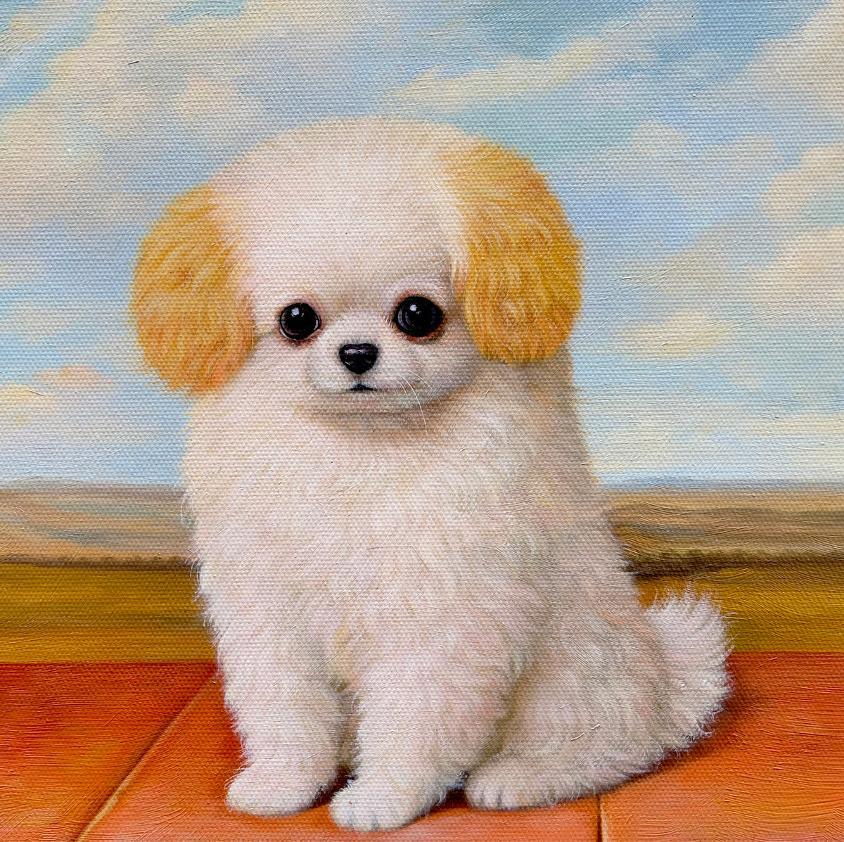 MEFREEK Seth Jennemann Painting Good Girl oil painting of a small white dog with golden ears sitting on an orange tiled ledge with a blue sky and clouds background, painted in the style of an old master animal portrait with soft lighting, textured canvas, and classical composition.