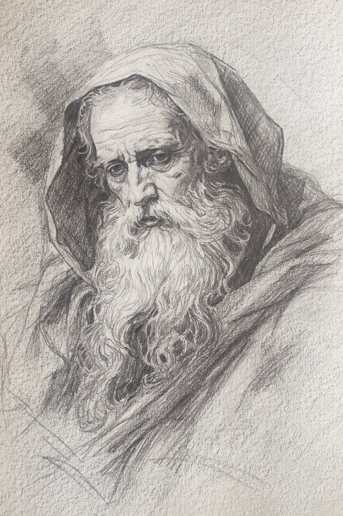 MEFREEK Seth Jennemann Graphite Pencil Drawing classical portrait of an elderly hooded man with detailed facial features expressive eyes and rich textured shading emphasizing age and character on textured paper